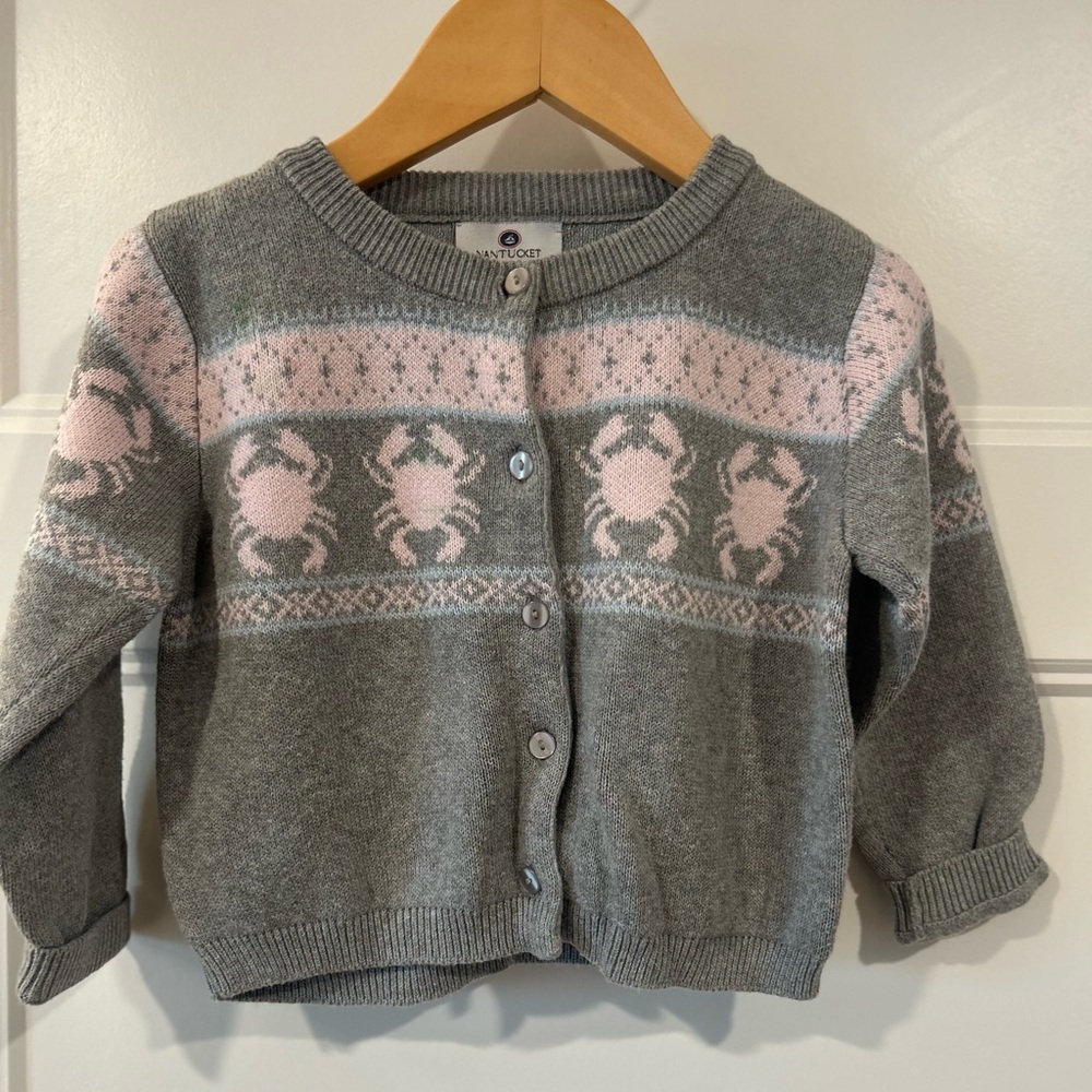 Nantucket Kids Gray and Pink Toddler Cardigan with Crab Design